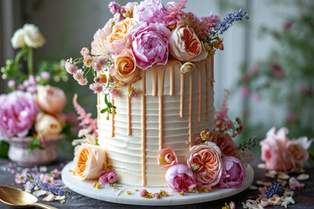 A white cake with pink and orange flowers on topの素材