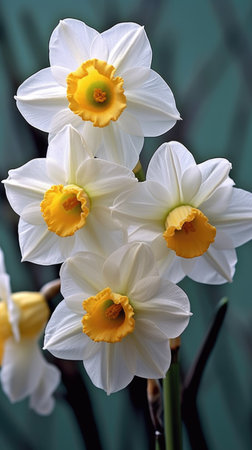 A bunch of white and yellow flowers in a vase, white and orange daffodils, spring floral wallpaperの素材