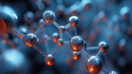 A close up of a bunch of spheres, chemical background with molecular structure.の素材