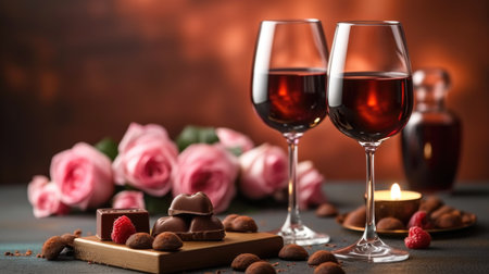 Two glasses of wine and chocolates on a table, Valentines day background.の素材