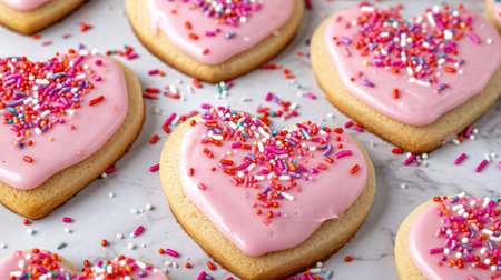 Heart shaped cookies with pink frosting and sprinkles Valentines Day backgroundの素材