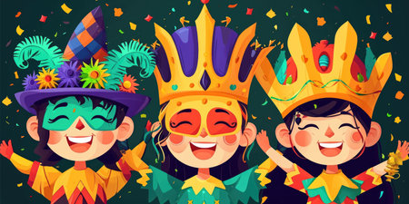 A group of three people wearing carnival costumes, Mardi Gras children carnivalの素材