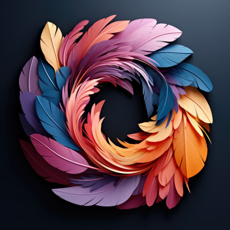 A spiral of colored feathers on a black backgroundの素材
