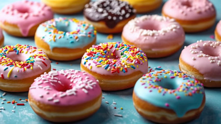 A bunch of donuts with different colored frosting and sprinklesの素材