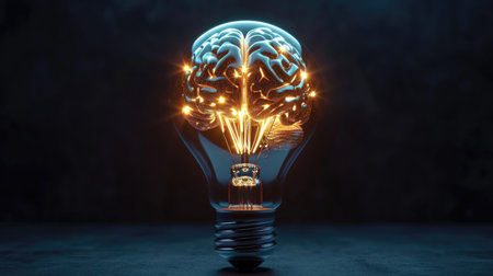 A light bulb with a glowing brain insideの素材