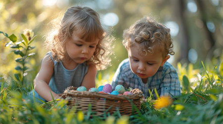 Two young children sitting in the grass with a basket of eggs, Easter egg hunt in the garden.の素材