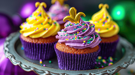 Three cupcakes with purple frosting and sprinkles Mardi Gras green, purple and yellow color decorated cupcakesの素材