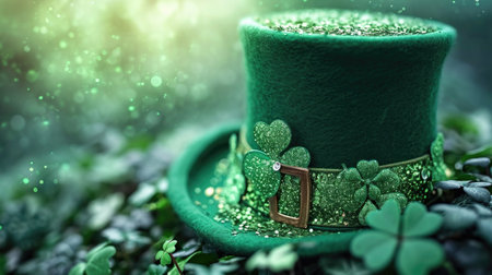 A green hat with shamrocks on top of it, St. Patrick day green background.の素材