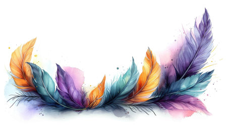 A watercolor painting of colorful feathers on a white backgroundの素材