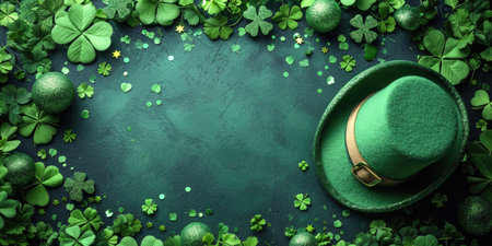 A green hat sitting on top of a lush green field, St. Patrick day green background with copy-spaceの素材