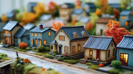 A model of a small town with houses and treesの素材