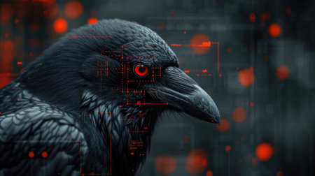 A black bird with red eyes sitting in front of a black background, robotic surveillance crow with camera in its eye and electronic symbols around.の素材
