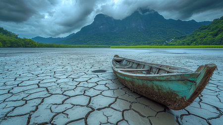 A boat sitting on top of a dry lakeの素材