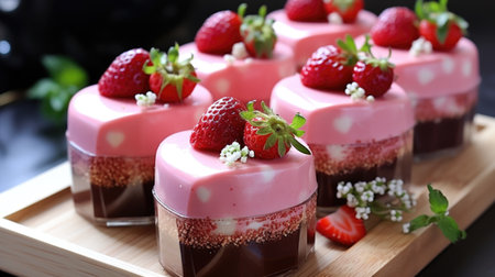 Four desserts with strawberries on a wooden tray, Valentines day desserts.の素材