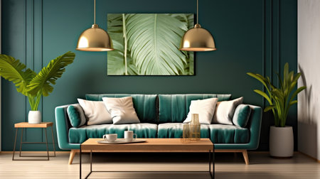 A living room with a green couch and a coffee tableの素材