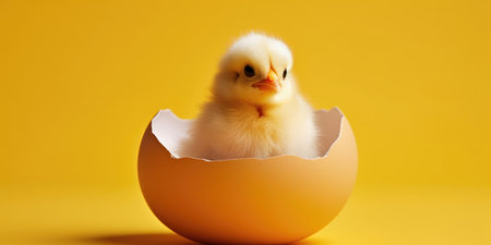A small chicken sitting inside of an egg shellの素材