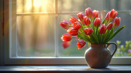 A vase filled with red tulips sitting on a window sillの素材