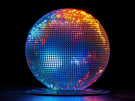 A disco ball is lit up in the darkの素材