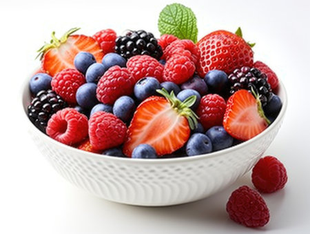 A bowl filled with berries and raspberriesの素材