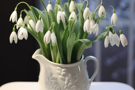 A white pitcher filled with lots of white flowers, early spring flowers, snowdrops.の素材