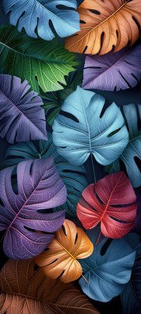 A close up of a bunch of different colored leaves Digital colorful wallpaper, vertical bannerの素材