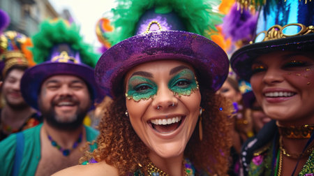 A group of people with green and purple makeup, happy people in costumes celebrating Mardi Gras carnivalの素材