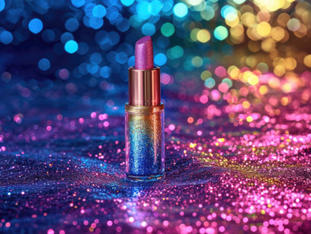A bottle of glitter sitting on top of a glitter covered surfaceの素材