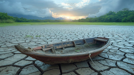 A boat sitting on top of a cracked groundの素材