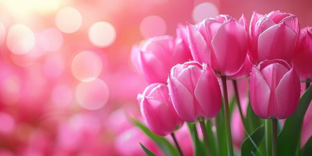 A bunch of pink tulips in a vase, spring background, mothers day panoramic banner.の素材
