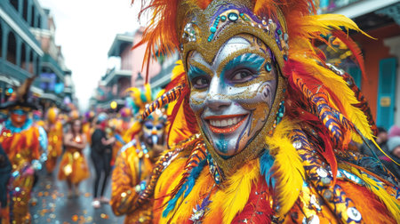 A person in a carnival costume walking down a street, happy person in costume celebrating Mardi Gras carnival.の素材