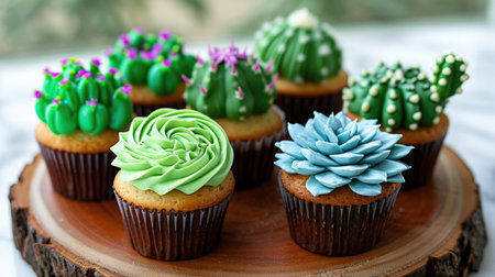 Cupcakes decorated with different types of cactus plants, cupcakes decorated as succulents and cactus plants.の素材