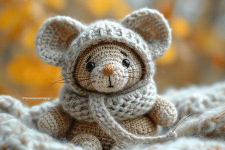 A crocheted mouse sits in a field of flowers, handcrafted knitted miniature toy.の素材