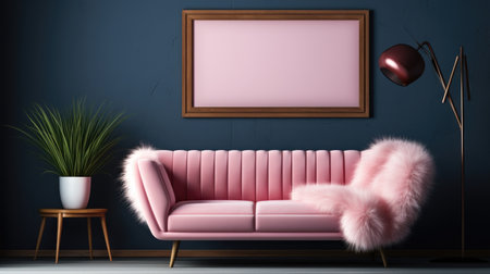 A pink couch in a room with a framed picture on the wallの素材