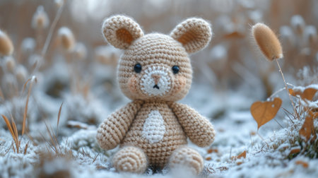 A knitted bunny is sitting on a bed, handcrafted knitted miniature toy.の素材