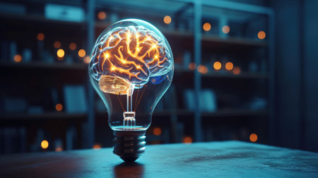 A light bulb with a glowing brain insideの素材