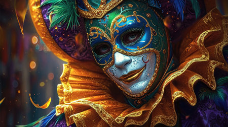 A close up of a person wearing a carnival maskの素材