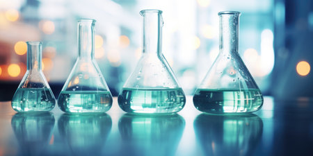 A group of glass flasks sitting on top of a table, imaginary laboratory interior with glassware.の素材