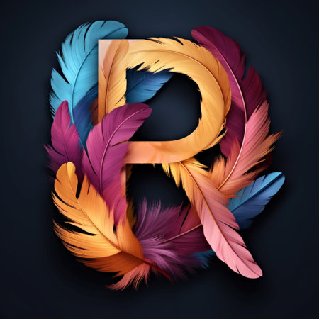 The letter r is made up of colored feathers on a black backgroundの素材