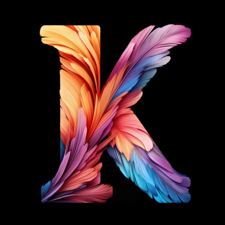 The letter k is made up of colorful feathersの素材