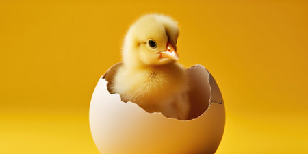 A baby chicken sitting inside of an egg shellの素材
