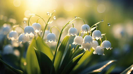 A close up of a bunch of white flowers, lily of the valley spring on spring background outdoors.の素材