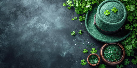 A green hat sitting on top of a wooden bowl, St. Patrick day green background with copy-spaceの素材