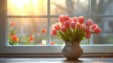 A vase filled with pink tulips sitting on a table in front of a windowの素材