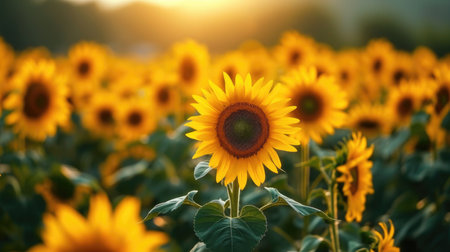 A field of sunflowers with the sun setting in the backgroundの素材