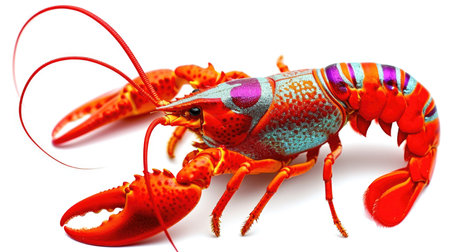 A red lobster with bright blue and orange colors, Mardi Gras crawfish on white.の素材
