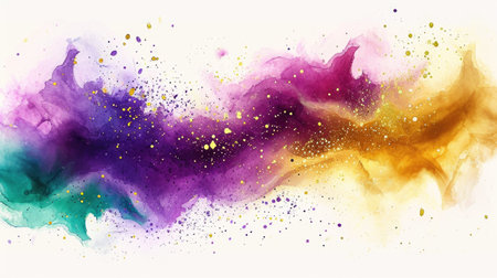 A painting of a purple and yellow cloud, Mardi Gras background with purple, green and golden colorsの素材