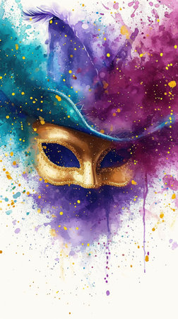 A painting of a gold mask with a blue hat, Mardi Gras background with purple, green and golden colors.の素材