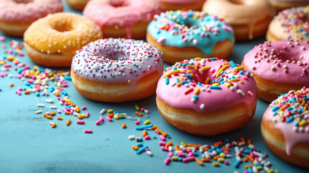 A bunch of doughnuts with sprinkles on a tableの素材