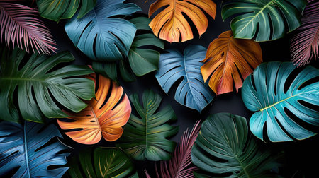 A bunch of different colored leaves on a black background, colorful digital wallpaper, floral background.の素材
