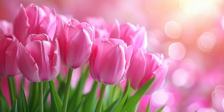 A bunch of pink tulips in a vase, spring background, mothers day panoramic banner.の素材
